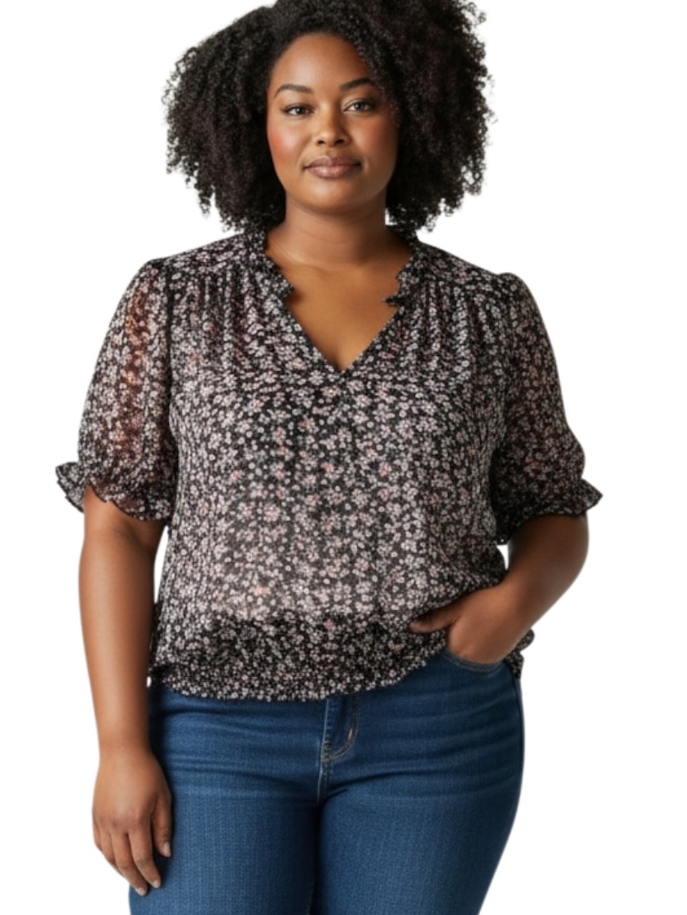 Zenobia Black Sheer Floral V-Neck Blouse with Pink Accents